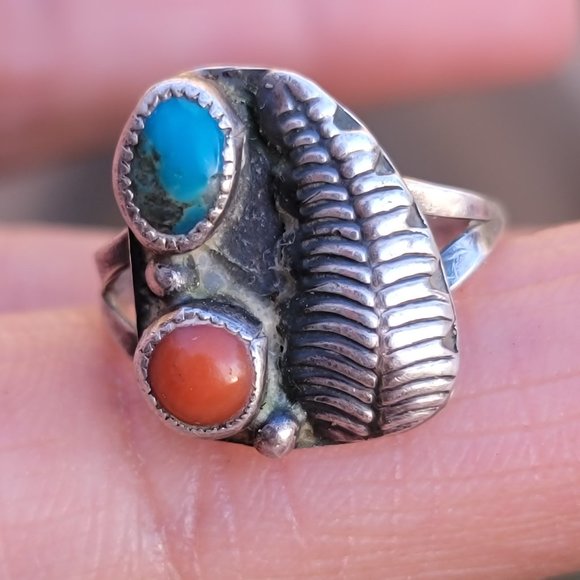 Jewelry - Native American handmade vintage 925 sterling silver turquoise + coral squash bl